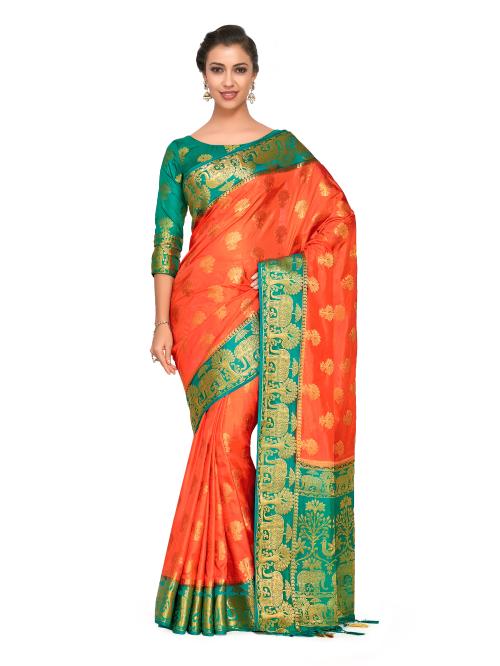 Mimosa Art silk Wedding saree Kanjivarm Pattu style With Contrast Blouse Color: Orange