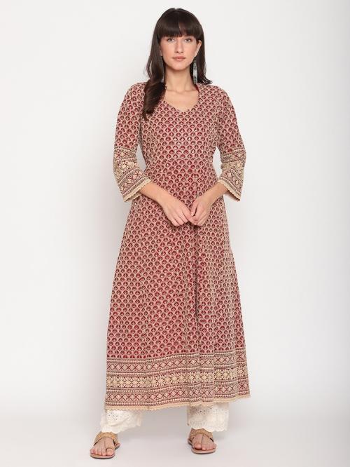Queenley Women Red Cotton Anarkali Ankle Length Kurti