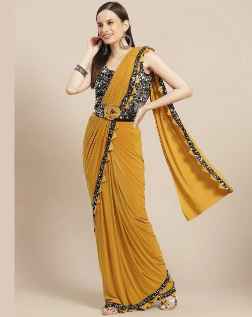 Chhabra 555 Ruffled Pre-Draped Ready to Wear Mustard Sequin Embellished Saree with Floral Belt