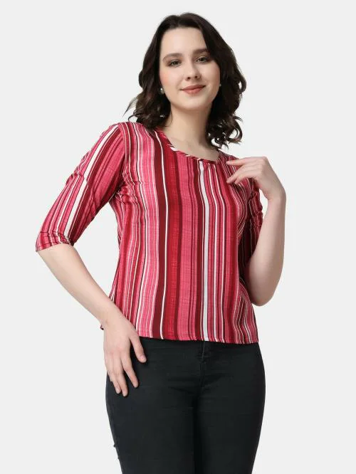 Popwings Casual Women 3/4th Sleeves Round Neck Pink Striped Printed Top | Tops for Women | Tops For Women Stylish | Tops Latest Design For Women | Women Tops | Women Casual Tops