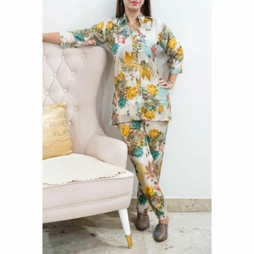 Glatt Premium Quality Floral Printed Code Set For Women For Night Wear | Women Code Set | Code Set | Night Wear Code Set | Color-Off White | Size-L