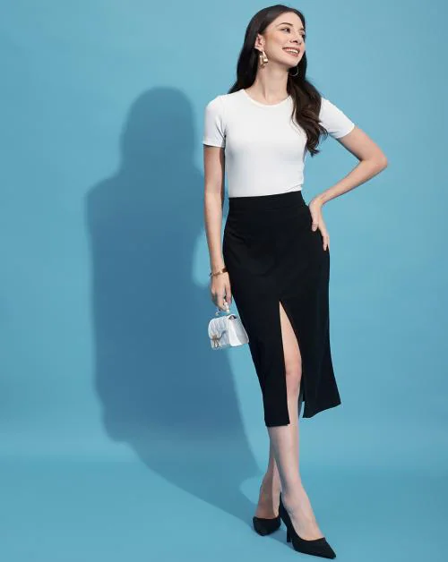 BuyNewTrend Black Below Knee Slit Straight Women Skirt