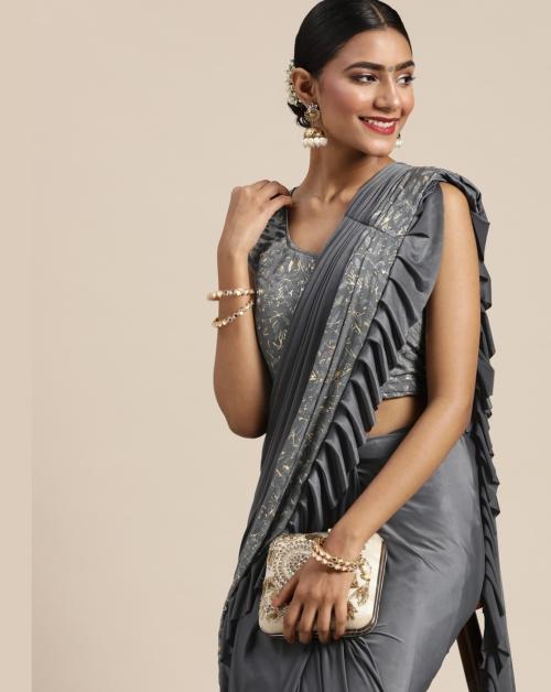 Chhabra 555 Pre-Draped Gold Foil Print Ruffled Grey Ready to Wear Saree With Embellished Blouse