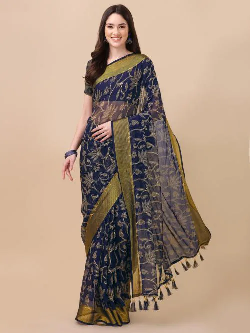 Rekha Maniyar CHIFFON VISCOSE BORDER Navy Blue Color Foil Print Saree for Women