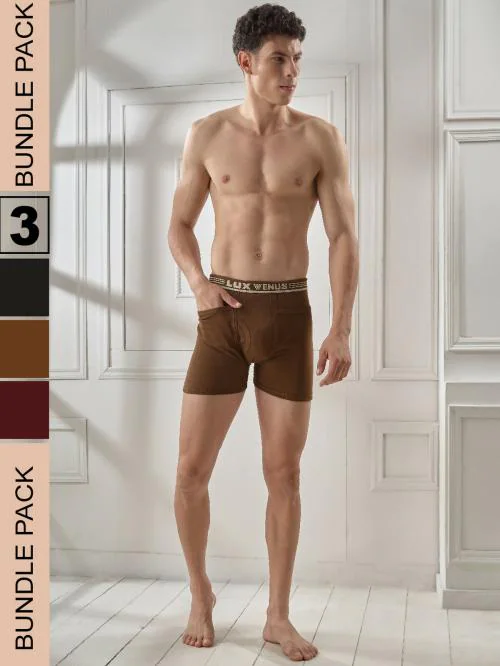 Lux Venus Men's Assorted Solid 100% Cotton Pack of 3 Trunks