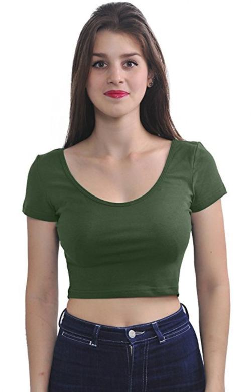 Fashion Lane Cotton Lycra Crop Tshirt for Girls / Women (Dark Green -- Pack of 1)_S