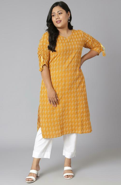 XL LOVE by Janasya Women's Plus Size Yellow Cotton Woven Design Straight Kurta