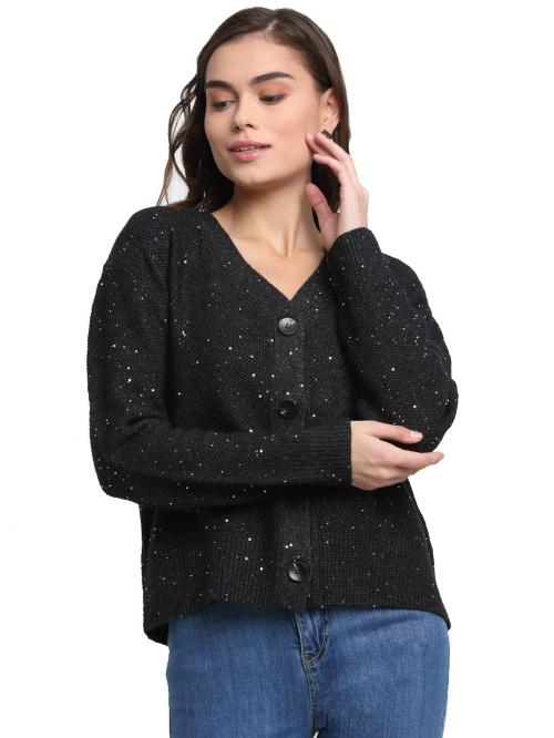 Global Republic Women Black Solid V-Neck Knit Cardigan-17145 (L)