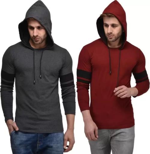 WRODSS Pack of 2 Stylish T-Shirts Combo Men Solid, Superhero Hooded Neck Maroon, Grey T-Shirt(L)
