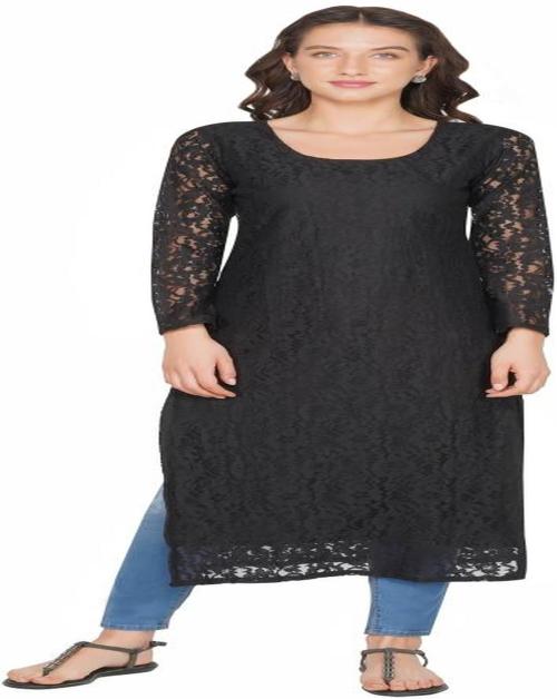 serving princess Women Black Embroidered Net Straight Kurta - XXL