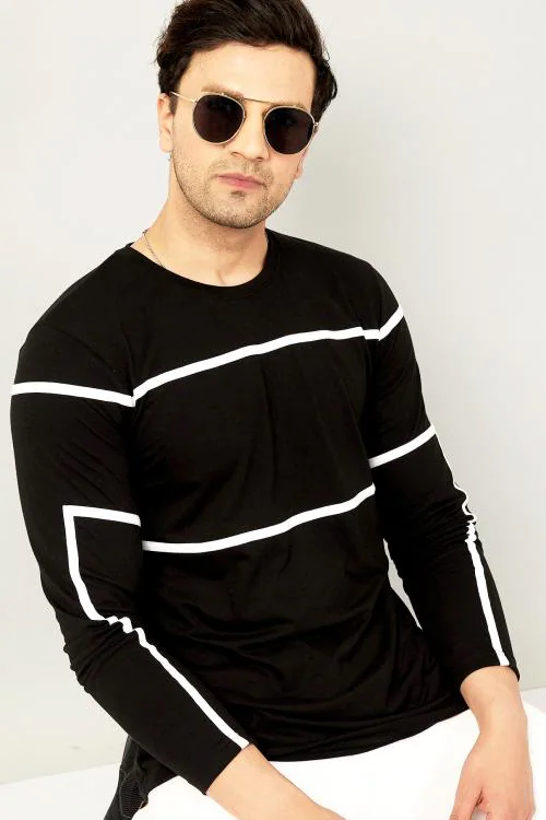 Gespo Black & White Striped Round Neck Full Sleeve T-Shirt