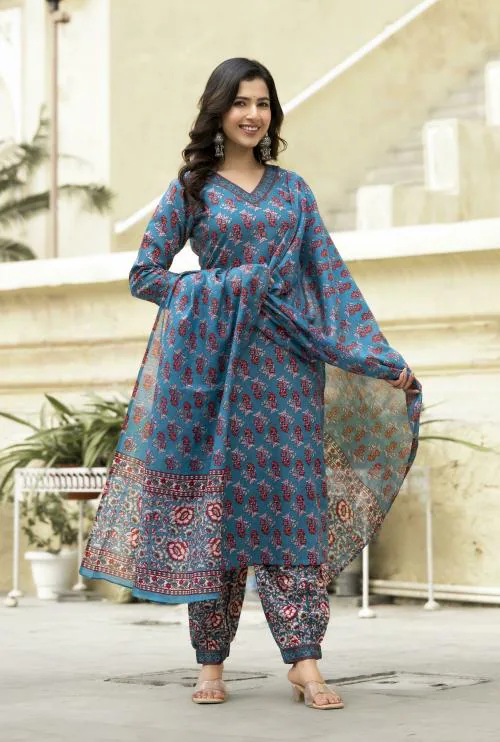 Keitra Women Blue Floral Print, Embellished Viscose Rayon Kurta, Pant And Dupatta Set | Kurta Set Women
