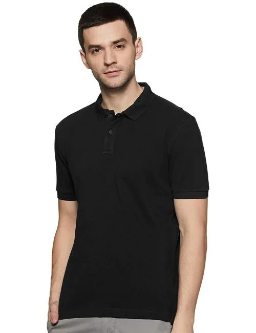 Lazychunks Men Black Solid Polycotton Polo Neck T-Shirt