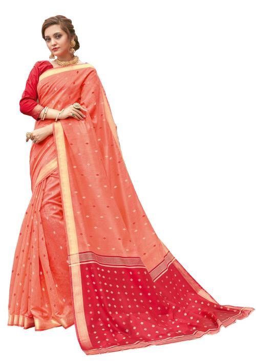 Reeta Fashion Gorgeous Salmon Red Cotton Woven Saree with Unstitched Blouse