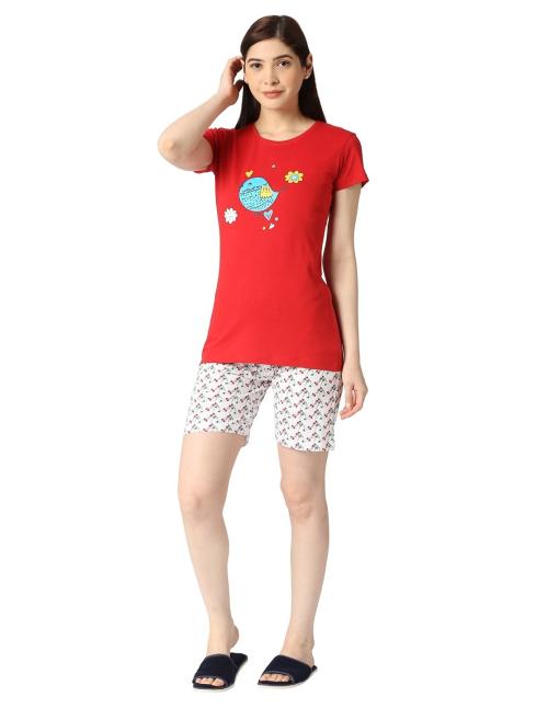 ZEBU Women's Half Sleeve Top & Printed Shorts Red Pack of 1 Night Suit Set