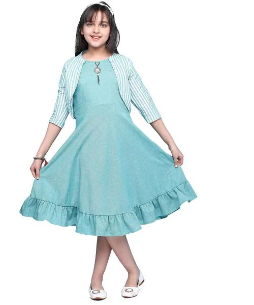 Curly Tales Girls Green Solid Cotton Dress (10 Years-11 Years)