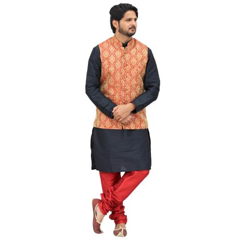Om Shubh Mangalam Men's Silk Blend Black Kurta Red Pajama With Maroon Jacket