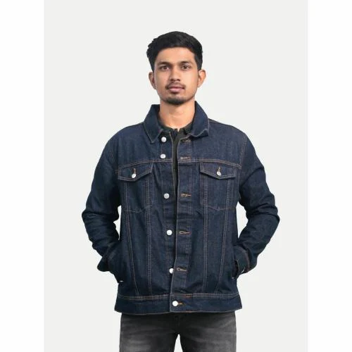 Rad Prix Men Solid Dark Blue Tailored Denim Jacket with Side Pockets