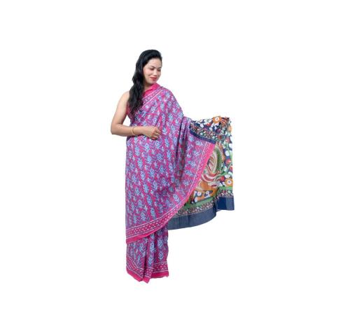 BL Bhavya Lifestyles Printed Ikkat Pure Cotton Saree  (Orange, Blue)