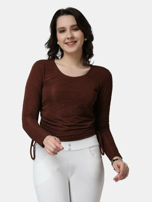 Popwings Women Casual Brown Solid Self Design Crush String Full Sleeve Crop Top | Tops for Women | Tops For Women Stylish | Tops Latest Design For Women