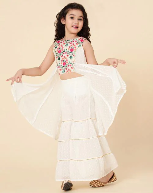 A.T.U.N. Girls Embroidered White Sharara Set