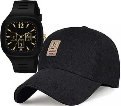 Zuperia Self Design, Solid, Embellished, Sports/Regular Cap With Black Analogue Watch (Pack of 2)