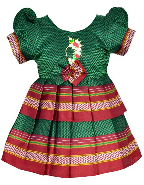 AMIRTHA FASHION Girl's Maharashtrian Traditional Ethnic Wear Pure Ikkat Reshim Cotton Nath Khan Khun Frock Ethnic Gown Dress