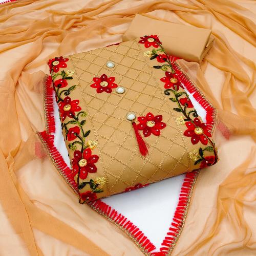 Sanila Chiku Reet Cotton Aari Work With Katha Work Unstitched Salwar Suit Dress Material With Dupatta