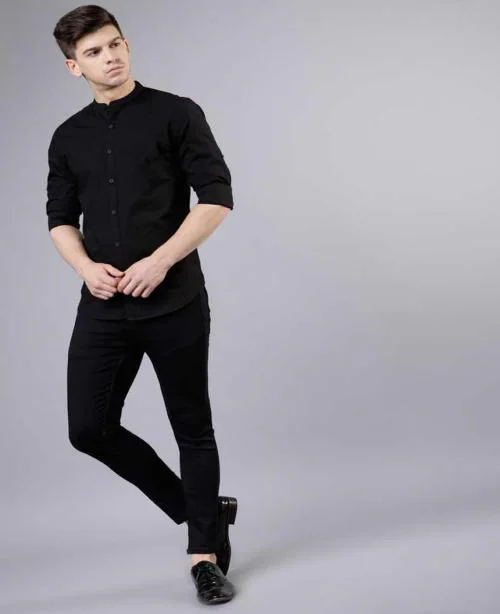 U TURN Men Black Solid Mandarin Collar Cotton Casual Shirt