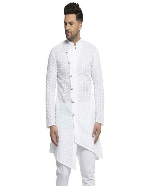 Indo Western and Asymmetric Neck White Chikankari Wedding Kurta for Men Size XL