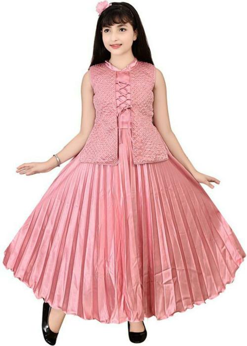 TASDIK GARMENTS Girls Pink Satin Gown Dress (7-8Y)