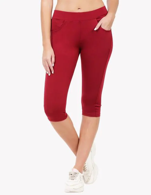 DIAZ Women’s 3/4 Length Leggings I 3/4 Yoga Pants for Women|High Waist Gym, Running, Yogawear, Stretchable Capri for Women with Two Side Pockets Size XL Colour Maroon
