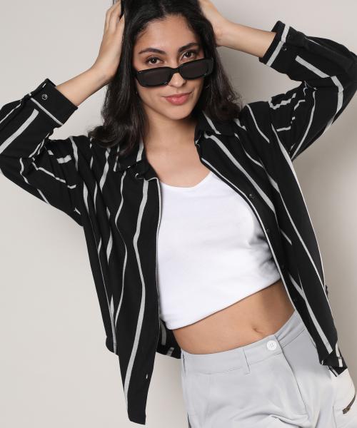 Campus Sutra Women's Midnight Black & Moon Grey Striped Boxy Shirt