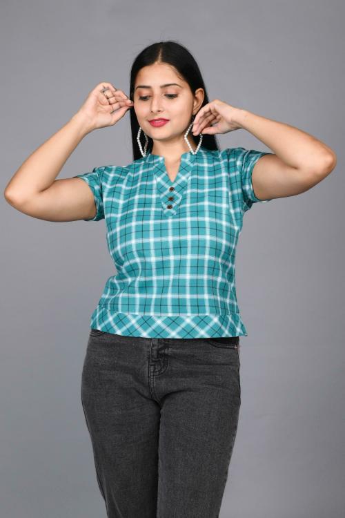 Blezza Women Green Checkered Pure Cotton Top