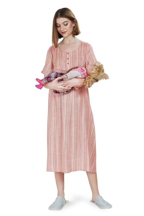 Weet Store Women Pink Stripes Night Dress