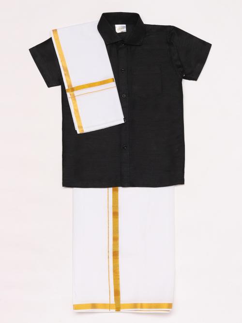 Vastramay Boys' Black and White Silk Blend Shirt Mundu and Dupatta