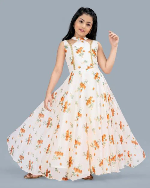 Buy Fashion Dream Girls Light Peach Floral Printed Tabby Silk Pack Of 1