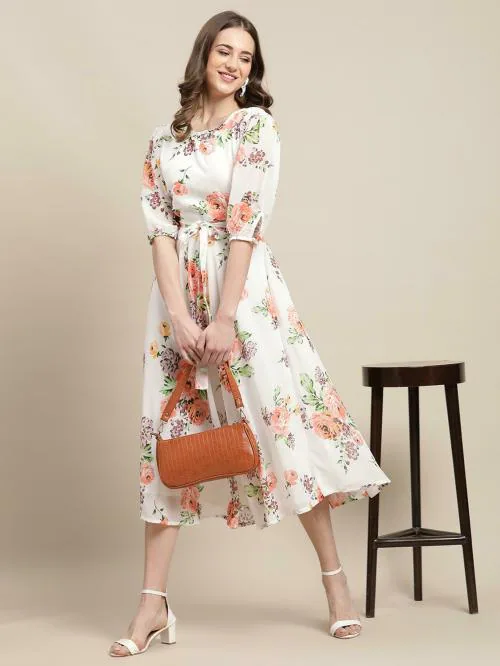 Fabflee Women Off White Printed Chiffon A - Line Maxi Dress| Party Dress| Western Dress Printed