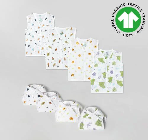 The Boo Boo Club 100% Muslin GOTS certified Organic Cotton Button Jhabla and Nappy Set | Perfect for Summer | Sleeveless Vest | Summerwear Jhabla Langot | 3 to 6 Months | Pack of 4