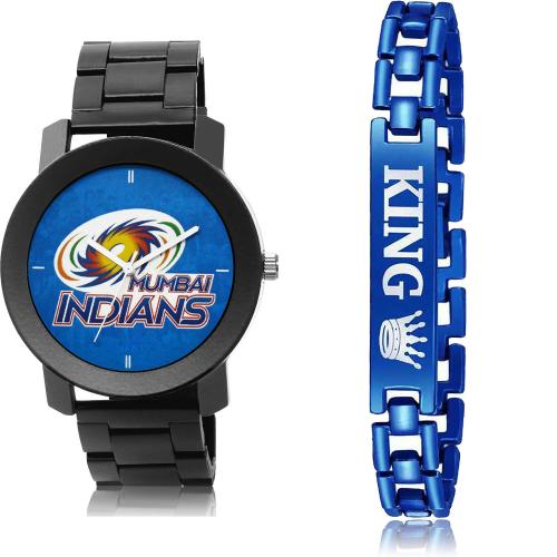 GROOT New Collection Mumbai Indians Squad (Mi) Ipl Chain And Bracelet Black And Blue Colour Analog Metal Belt 2 Watch Combo For Boys And Men - IPL15-BX2