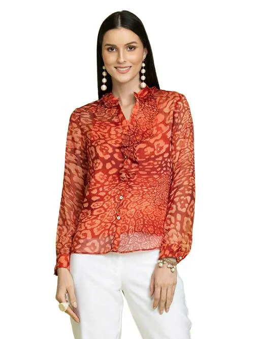 Rhysley Women Maroon Chiffon Ruffled Shirt - 2XS