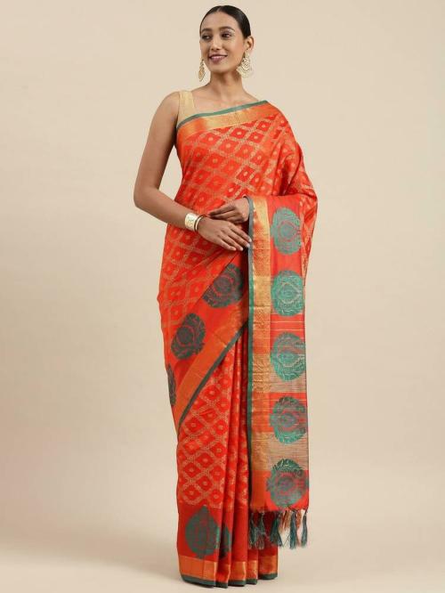 Pandadi Saree Women Orange Woven Cotton Silk Banarasi Saree
