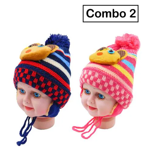 FASHNO Kids Woolen Winter Cap/Hat Dark Blue & Pink Colour Combo of 2/(Pack of 2)