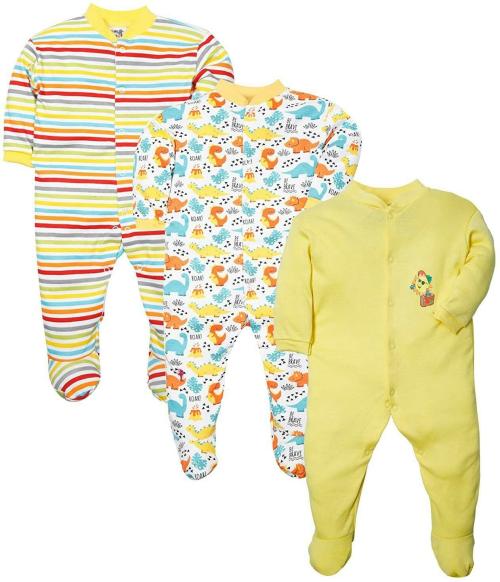 Tiniberry Baby Boys and Girls Yellow Striped, Printed Cotton Blend Pack of 3 Romper 0-3 MONTHS| Rompers |Sleepsuits | Jumpsuit |Body suits