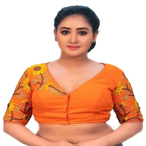 TANJINAS Women's Cotton Orange Heavy Embroidered Designer Blouse
