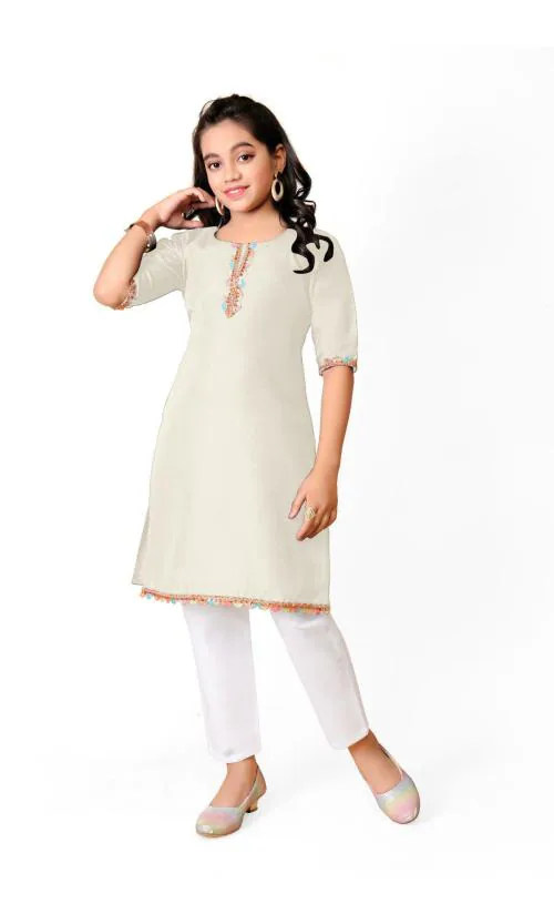 speckless Girl's Cotton Kurti - Half Sleeve, Round Neck - Comfortable & Stylish Ethnic Wear for Everyday And Festive Occasions (Colour - White) (Size - 13-14 Y)