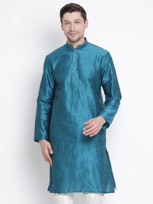 Vastramay Men's Dark Green Silk Blend Kurta