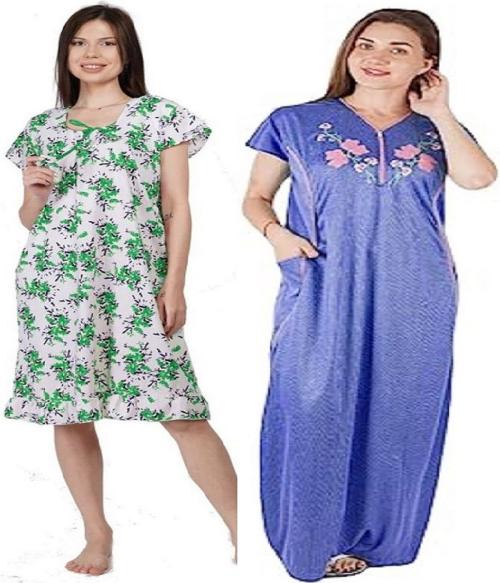 BEAUTY CRAZE Women's Cotton Short Nighty And Hosiery Cotton Maxy Nighty Combo (Pack Of 2)