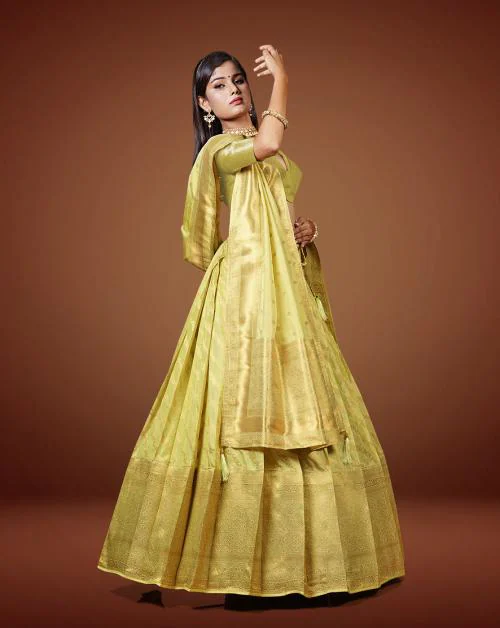 HALFSAREE STUDIO Yellow Banarasi Silk Zari Weaving Pattu Half Saree