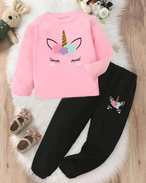 Billyball Boys And Girls Cotton printed Unicorn Pink T-shirt And Pant(Pack of 1)